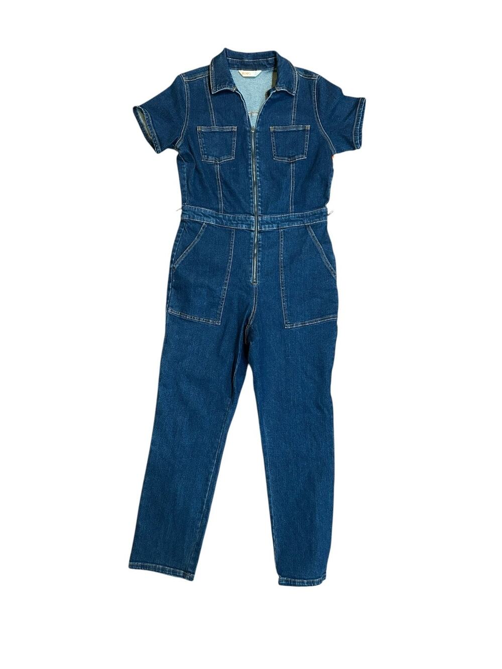 Women's Denim Utility Jumpsuit Size 12 Short Sleeve Zip Front Blue Romper